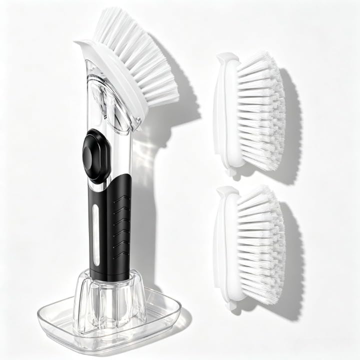 Soap Dispensing Dish Brush with Holder & 2 Replaceable Heads