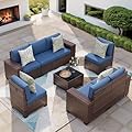 VONZOY Patio Furniture Set, 8 Pieces Outdoor Sectional Sofa Conversation Sets with Waterproof Cover Modern Wicker Seating Set, 4'' Thickened Cushions 1 Glass Coffee Table 2 Armless Sofas, Navy Blue