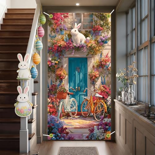 Image of Easter Door Cover Artistic Bunny Floral Banner Spring Front Door Decorations Oil Painting Style Outside Party Home Decor 35.4x71 Inch