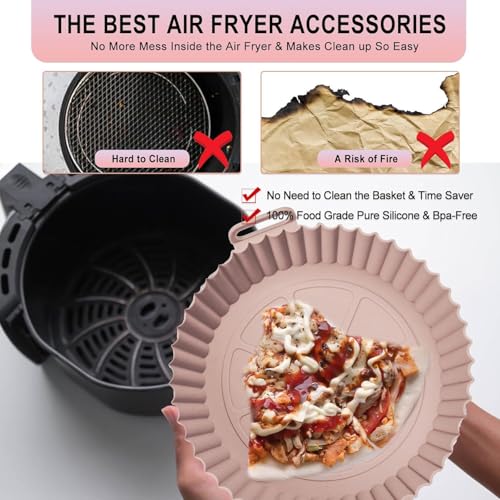 Image of BRANCO Air Fryer Liners I Round Silicone Basket Baking Tray I Pot with Ear Handles I Nonstick Reusable Heat Resistant I Cooking Oven Insert Accessories - Multicolor (8 inch, Pack of 2)