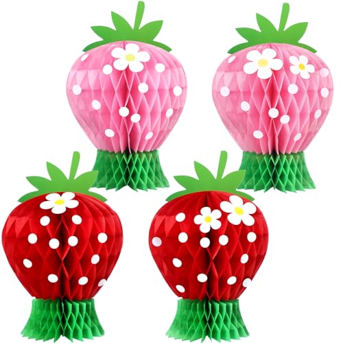 Image of Amyhill 4 Pcs Strawberry Party Decorations Large Strawberry Honeycomb Centerpieces 3D Berry First Table Decor Fruits Paper Honeycomb Decorations for Birthday Summer Shower Party Favor (Pink Red)