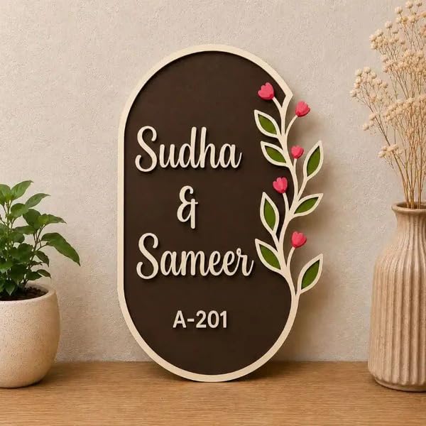 splash art customized wooden name plate for home | personalized wooden name board for main door | custom family name sign | decorative wall hanging for home, office & room entrance | premium mdf wall décor (multicolor, 15 inch, floral royal nameplate)