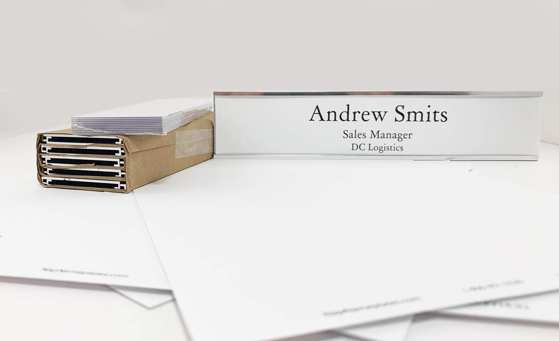 Wall or Door Nameplate Holder with Clear Plastic Inserts and Perforated Nameplate Inserts - Pack of 10 (Silver, 10" x 2")