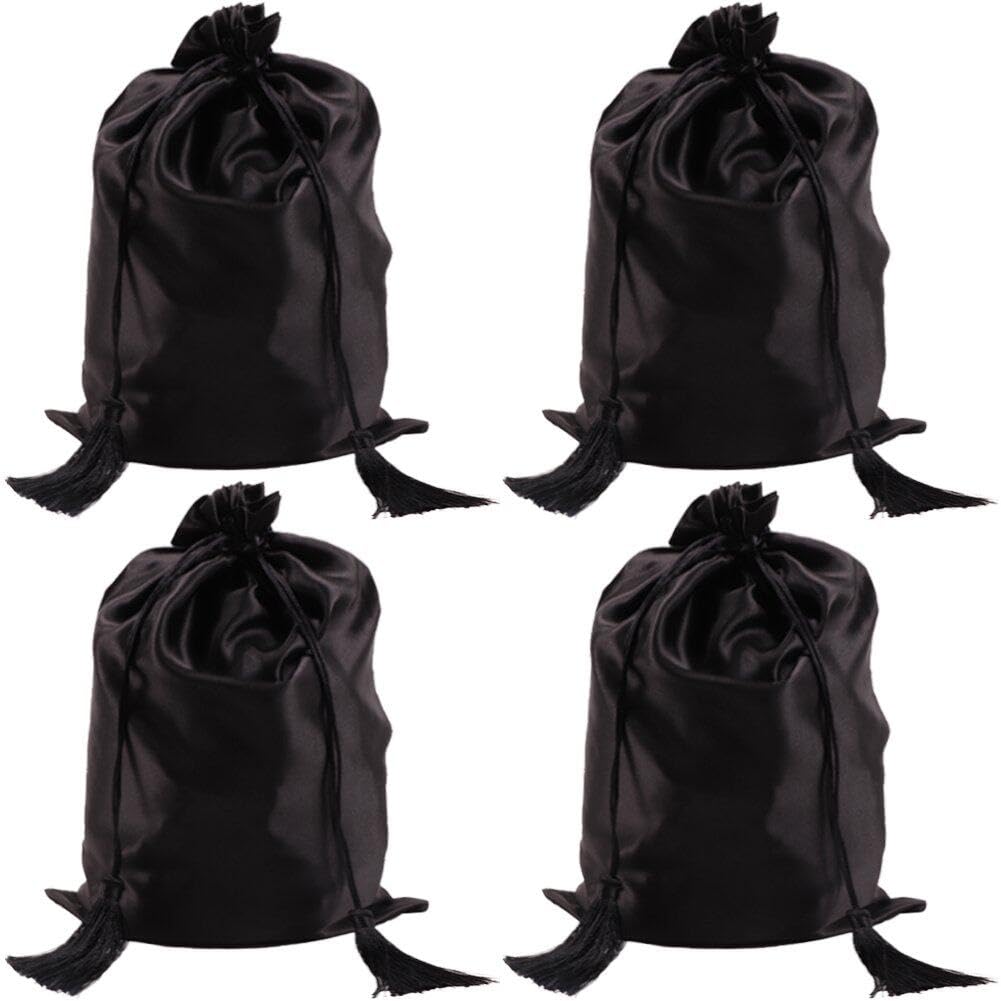 Hrippy Black Wig Bags Soft Silky Pouches With Tassel Drawstring Satin Wig Bags Bundles Silk Hair Bags For Storage Hair Extensions Tool