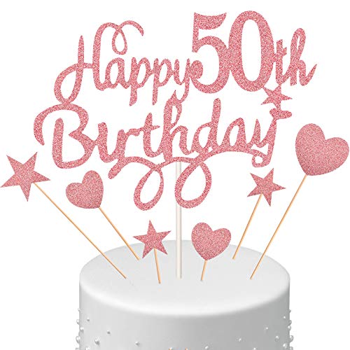 50th Birthday Cake Topper Set Happy 50th Birthday Cake Topper with Heart Star Cupcake Picks Glitter Decoration for Party Supplies Rose Gold