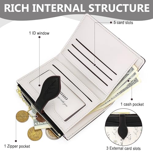 Image of Farcauo Cute Black Minimalist Flower Wallet for Women Small Kawaii Coin Purse with ID Window Lightweight and Stylish Design Compact Cash Wallet for Ladies