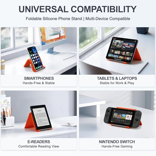 Image of Flexible Silicone Phone Stand, Multi-Angle Adjustable Cell Phone Holder, Portable Phone Stand for Desk, Compatible with iPhone, iPad, Tablet, Laptop, for Home, Office, Gaming, Orange