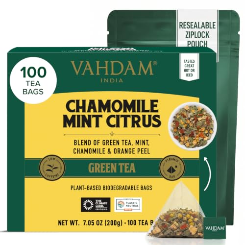Image of VAHDAM, Chamomile Mint Citrus Green Tea Bags (100 Count) Low Caffeine, Non GMO, Gluten Free | Sweet & Floral | Resealable Ziplock Pouch | Chamomile Tea Bags