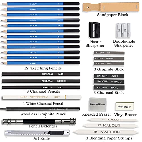KALOUR-33-Pieces-Pro-Drawing-Kit-Sketching-Pencils-SetPortable-Zippered-Travel-Case-Charcoal-Pencils-Sketch-Pencils-Charcoal-StickSharpenerEraserArt-Supplies-for-Artists-Beginner-Adults-Teens