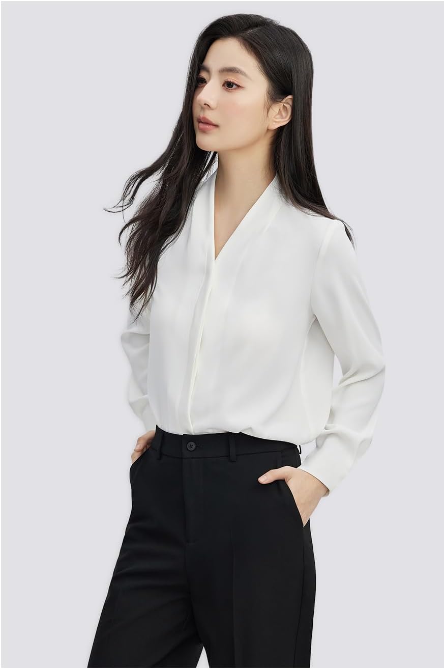 MAFSMJP Womens Long Sleeved Shirt White V-Neck Interview Commute Blouse for Women