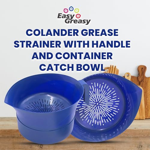 Easy Greasy 3-Piece Colander Grease Strainer Set – Blue Grease Separator with Handle, Container & Lid – Strains Bacon, Pasta, Ground Beef – BPA-Free Kitchen Gadget — view 3