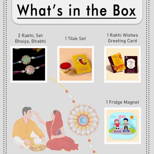 Image of CraftVatika Rakhi Set of 2 for Brother, Floral Kundan Designer rakhi Combo For Brother Bhaiya Bhabhi Raksha Bandhan Gift Band with Fridge Magnet Bracelet Stone Rakhis