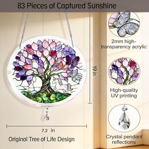 Sun Catcher with Tree of Life Design, 7.2 Inch Stained Glass Window Hanging, Colorful Suncatchers for Windows, Birthday Gifts for Women, Home & Garden Decor - 4