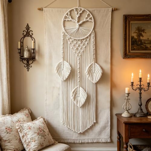 Arbre de vie Attrape-rêves - Tenture murale en macramé en coton - Décoration murale bohème pour chambre à coucher, salon, couloir - Grand attrape-rêves fait à la main avec motif arbre de vie - Avec
