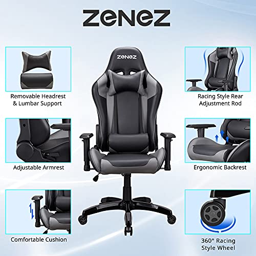 ZENEZ-Silla-Gaming-Silla-Gamer-Ergonomica-con-Soporte-de-Masaje-Lumbar-y-Cojin-para-el-Cuello-Silla-Escritorio-de-Cuero-PU-Ajustable-a-180para-Videojuegos-Gris