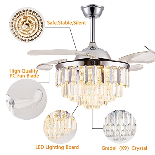 48" Crystal Ceiling Fan With Lights, Retractable Invisible Fandelier Ceiling Fan Chandelier With Remote Control Led For Bedroom/Living Room Polished Modern Chrome Silver 6 Speed 3 Light #TOP2