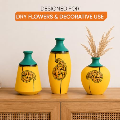 Image of Aakriti Art Creations Terracotta Vases Set of 3 | Handmade Yellow Warli Art Flower Vases Matte Finish Decorative Vases for Artificial Plants Home Decor & Gifting