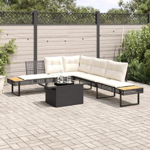 Eleganz 2-TLG. Garten-Sofa Garnitur Schwarz - Modernes Poly Rattan mit Kissen & Glas-Tisch - Wetterfest & Bequem für Terrasse, Balkon oder Garten