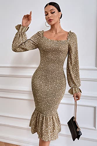 Image of PRETTYGARDEN Women's Long Puff Sleeve Floral Midi Bodycon Dresses Square Neck Ruffle Mermaid Smocked Dress