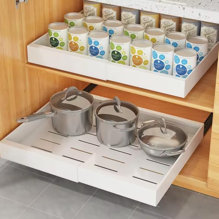 Slide Out Cabinet Organizer - Pull Out Expandable Drawer - Adjustable Extendable Sliding Shelf Under Sink Rack Shelf - for Kitchen Pantry Bathroom Closet - Easy Stick on - 1 PACK