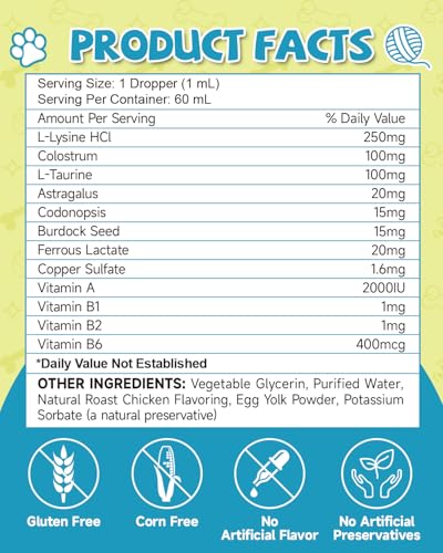 Lysin Katze - L-Lysin Tropfen für Katzen und Kätzchen, Kätzchen Immunsystem, Schnupfen, Linderung von Allergien, Niesen, Nahrungsergänzungen mit Vitaminen und Mineralien, Kolostrum, Taurin