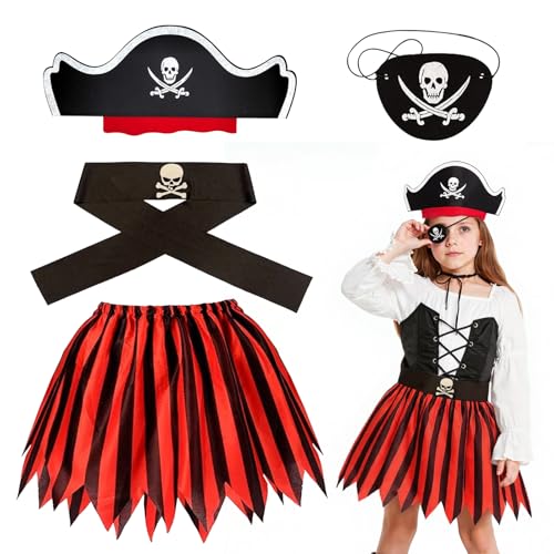 SEFIRST 4 peças kit disfarce pirata crianças, disfarces piratas com vestido, chapéu e emblema no olho, conjunto de menina bucaneiro vestid, acessórios piratas meninas para Halloween carnaval cosplay