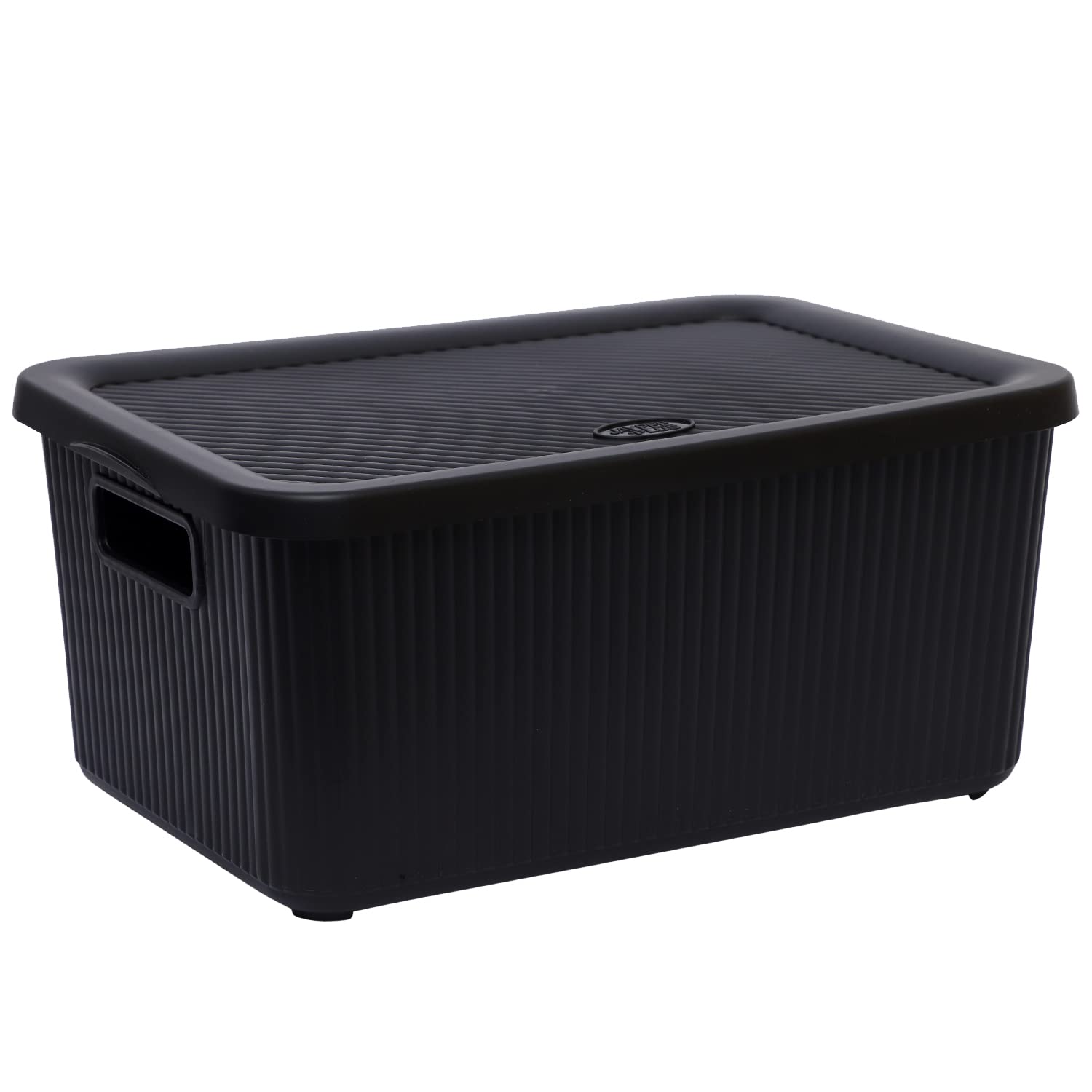 M1SS 14Litre Storage Box With Lid Plastic Storage Basket with Lid Stackable Storage Container for Cupboards Drawer Household Basket Shelf with Handle (Black, Rectangular)