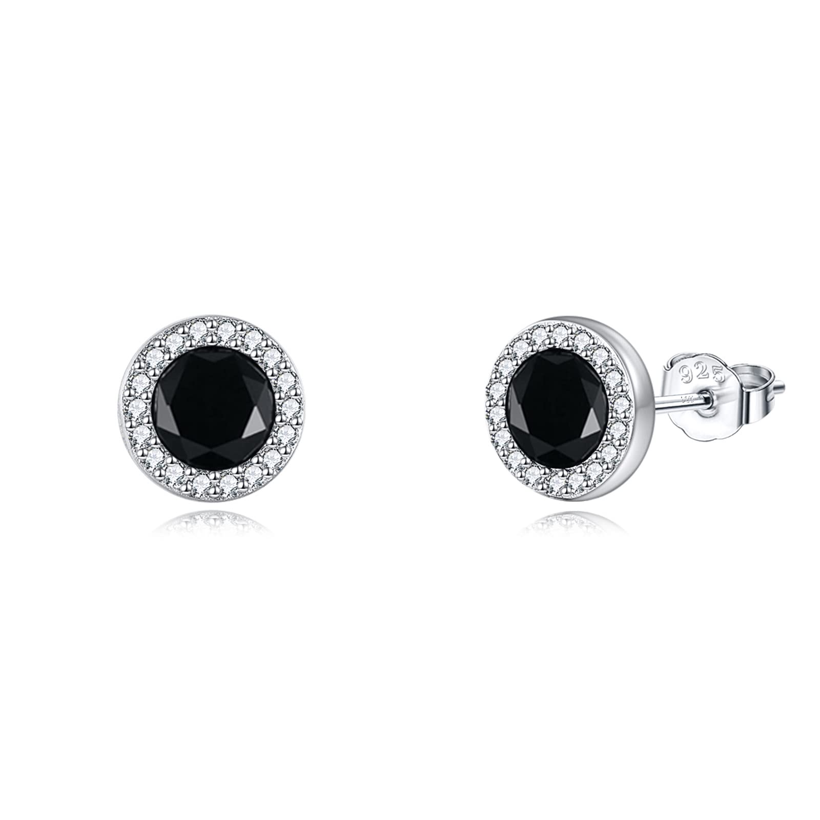 925 Sterling Silver Round Black Onyx Stud Earrings Cubic Zirconia CZ Jewelry for Men Women