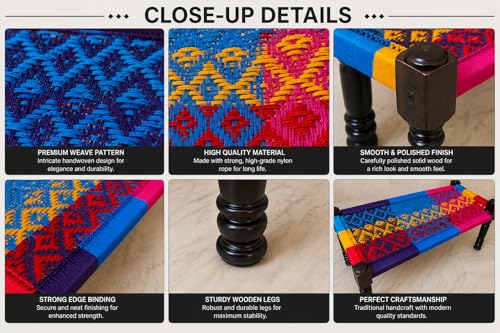 Image of Handwoven Wooden Bench | Traditional Rope Charpai Stool | Solid Wood Frame Seating for Living Room, Balcony & Outdoor | Durable & Stylish Design (Multicolor)