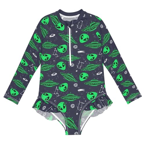Aliens Spaceships Baby Toddler Girl Long Sleeve Ruffle Swimsuit One Piece Zipper with UPF 50+