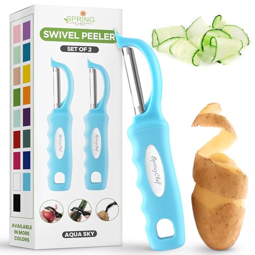Spring Chef Premium Stainless Steel Vegetable Peeler for Kitchen, Dishwasher Safe Potato Peelers with Non-Slip Handle, Peel Apple, Fruit, Veggie, Carrot, Mango - Set of 2 - Aqua Sky