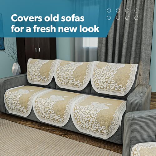 Image of Kuber Industries (Set of 6) Stylish & Durable Cotton Sofa Covers 3 Seater | Washable Sofa Protector /Mat | Suitable Slipcover for Living Room & Office | Peocock Design - Cream