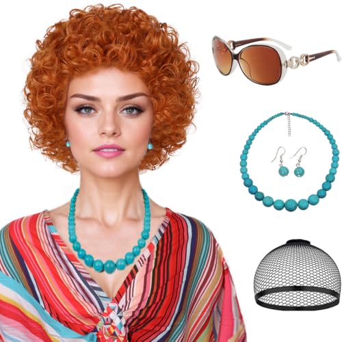 Image of Red Orange Wig + Sunglasses + Jewelry Set for Women Costume Short Curly Reddish Wigs for Landlady Cosplay Halloween Party or Fun (5pcs)