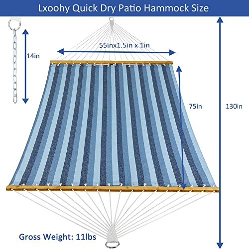Lxoohy 12Ft Quick Dry Double Size Outdoor Hammock With Bamboo Spreader Bar, 2 Person Hammock With Chains And Hooks For Patio Garden Poolside Backyard Beach Use, 440 Lbs Capacity, Blue Stripe #TOP1