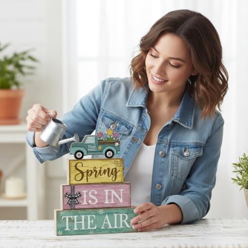 Image of Moucuny 4 Pcs Spring Table Decor Wooden Blue Truck Decoration Flower Centerpiece Spring Tiered Tray Decor Decorative Colorful Flower Block Signs Gift Farmhouse Decoration for Home Kitchen