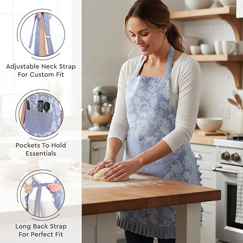 Image of Encasa XO 100% Cotton Apron Set for Women & Men with Adjustable Apron, Oven Gloves & Pot Holder (Pack of 3) Combo, Heat-Resistant, Soft & Durable for Cooking, Baking & Grilling (Floral Blue)