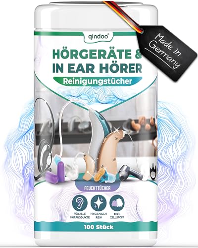 Qindoo 100x Reinigungstücher Hörgeräte aller Art reinigt Ohrenschmalz auch bei Kopfhörer Headset oder In-Ear Ohrstöpsel Reinigung (1x Dose)