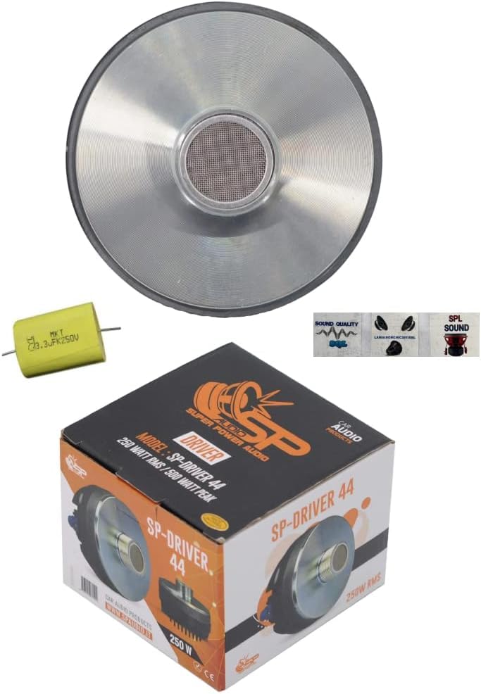 KIT SET PER SP AUDIO SP DRIVER 44 1 driver a compressione, 250 watt rms 500 watt max, filettatura da 3,5 cm per trombe, impedenza 4 ohm, 110 db spl, 1 pezzo + condensatore e 3 sticker omaggio