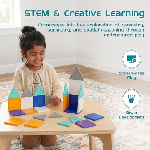 Image of Amazon Brand - Jam & Honey Magnetic Tiles Building Blocks for Kids | 36 Pcs Pro Solid Opaque Set | STEM Learning & Creative Construction Toy | Brain Development & Educational Play | Durable MABS Plastic with Strong Magnets | Multiple Shapes Included | Ages 3+ Years | Multicolour | Product Dimensions: 24.5 x 16.5 x 7 cm