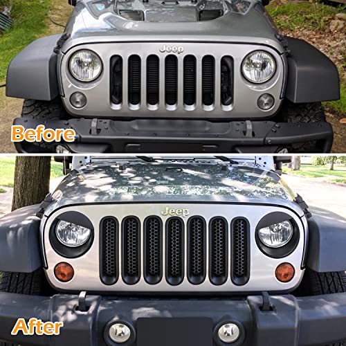 Image of Front Grille Mesh Inserts & Headlight Cover for Jeep Wrangler JK JKU Sport Freedom Rubicon Sahara Unlimited 2007-2018 Exterior Accessories Clip-in Grille Guard Headlight Bezels Trim (Matte Black)
