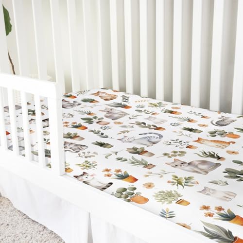 Image of Watercolor Cats Boho Leaves Flowers Baby Crib Sheets 52''x28'' Cute Cats Tropical Plants Stretchy Fitted Crib Mattress Cover for Boy Girl Soft Nursery Bed Sheets for Standard Crib and Toddler Mattress