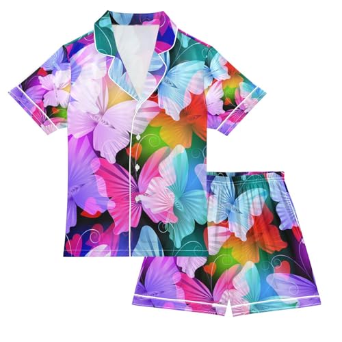 senya Colorful Glowing Radial Butterflies Satin Summer Pajama Sets Silk Short Sleeve Button Down Sleepwear