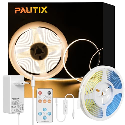 PAUTIX COB-ledstrip, warmwit, 2700 K, 2 m, 480 leds/m, dimbaar, 24 V, flexibel met RF-afstandsbediening en voeding, CRI90 + helder inbouwlicht voor doe-het-zelf woondecoratie
