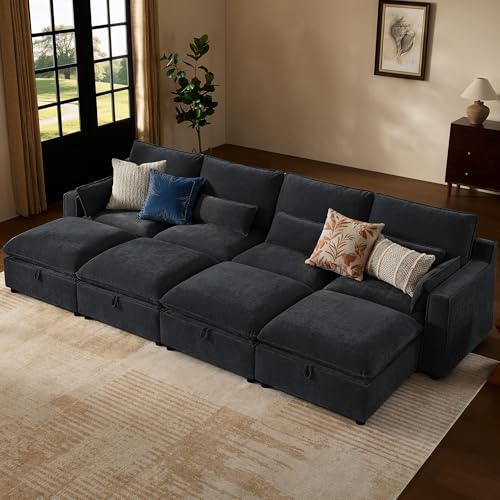 Image of WorthFurni Modern Modular Sectional Sofa,134 inch Sleeper Sofa Bed Sectional Cloud Couch with Storage Ottoman,Comfty 8 Seat Sofa for Living Room,Black Chenille