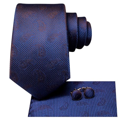 Image of Hi-Tie Paisley Floral Ties Set for Men Silk Mens Stripes Necktie Pocket Square Cufflinks Set Formal Business