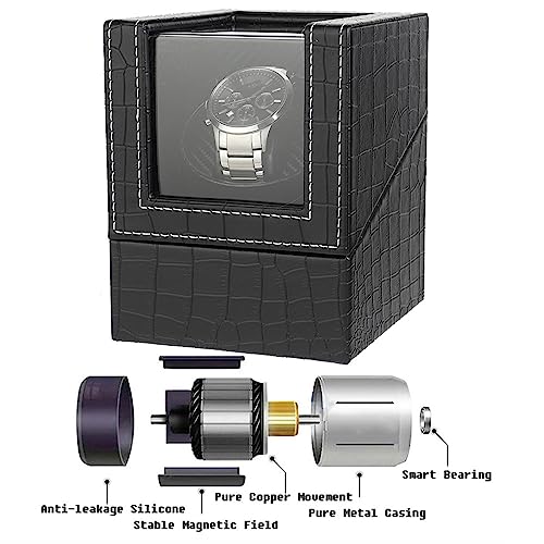 Image of Single Watch Winder for Automatic Watches, Super Quiet, in Wood Shell and Black Leather /Carbon Fiber Leather, Japanese Motor