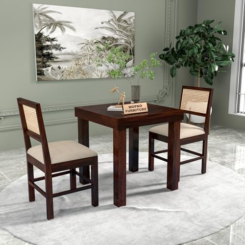Image of Solid Sheesham Wood 2 Seater Dining Table Set with Cushioned Chairs for Dining Room | Living Room | Home & Office | Hotels Restaurant & Cafe (2 Seater, Walnut Finish)