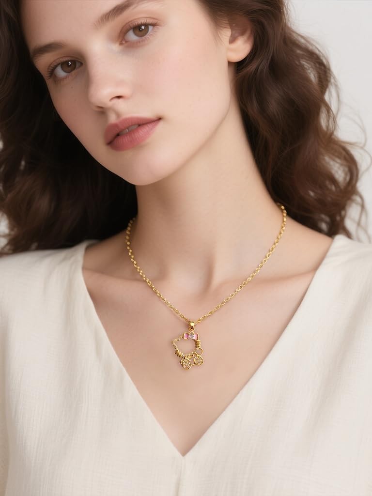 Cute Kitty Gold-Plated Necklace Bracelet Set, Cat Bow Pendant with Simulated Diamonds and Pearls, Adjustable Chain for Women,Kawaii Gift Jewelry (Gold)