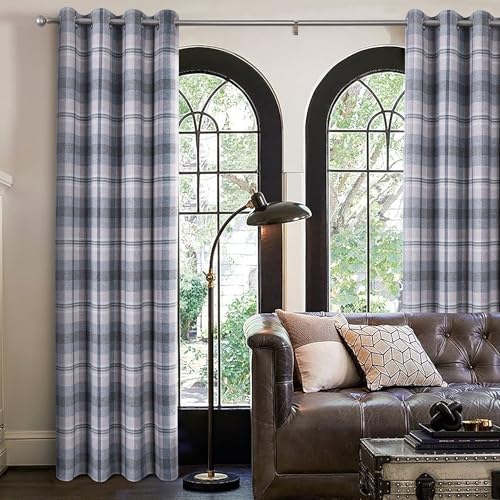always4u Paire de rideaux 100 % occultants à œillets - Motif tartan Highland - Aspect laine brossé - Pour chambre à coucher et salon - Gris - 168 x 228 cm