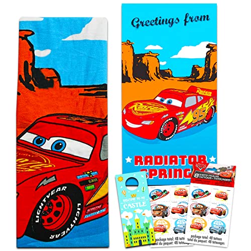 Disney Cars Beach Towel Set - Bundle with Lightning McQueen Microfiber Pool Towel Plus Cars Temporary Tattoos and More (Cars Beach Towel for Kids and Adults)